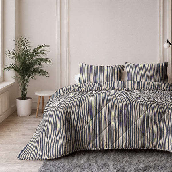 Bettdecke Ohne Bezug - Stripy Beige/Blau (100% Baumwolle)