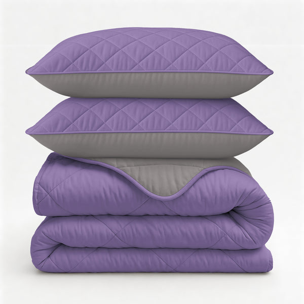 Lazy Bettdecke Uni Lavendel – Taupe/Grau mit Kissenbezügen