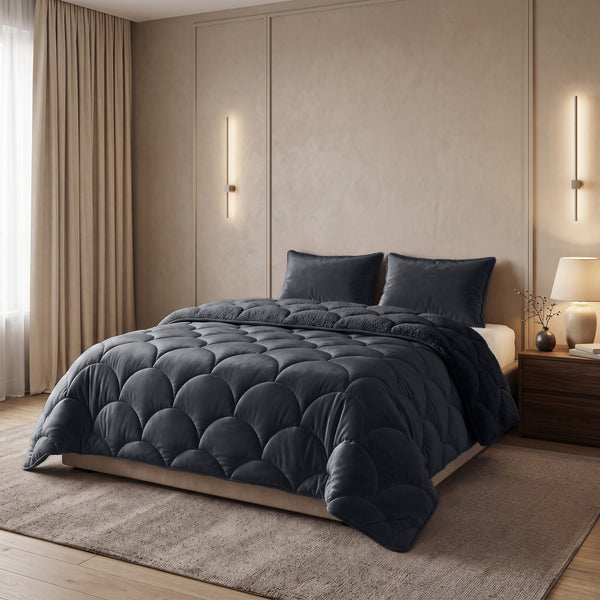 Bettdecke ohne Bezug – Lazy Teddy/Velvet Schwarz mit Kissenbezügen