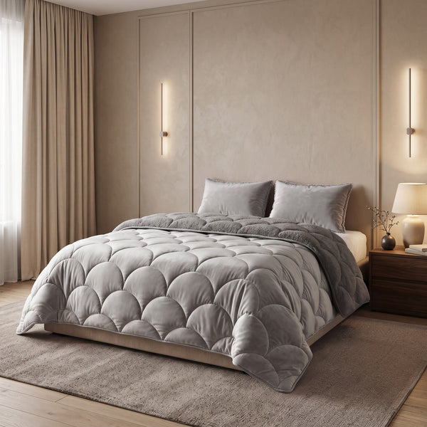 Bettdecke ohne Bezug – Lazy Teddy/Velvet Taupe/Grau mit Kissenbezügen
