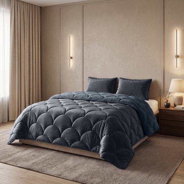 Bettdecke ohne Bezug – Lazy Teddy/Velvet Anthrazit mit Kissenbezügen
